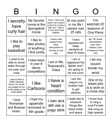 Theatre One Fun Facts Spring 26 Bingo Card