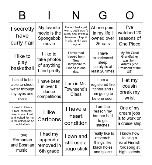 Theatre One Fun Facts Spring 26 Bingo Card