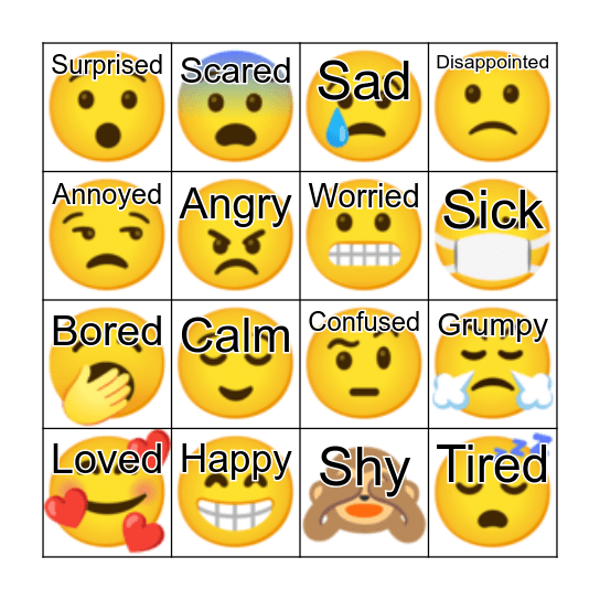 Emoji Feelings 4x4 Bingo Card