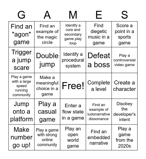 Game Studies Bingo Card