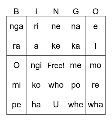 Māori Alphabet Bingo Card