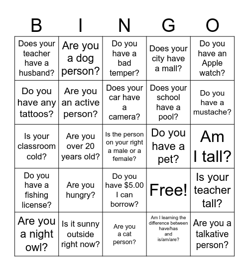 LEVEL 2: HAVE/ HAS AND IS/AM/ARE Bingo Card