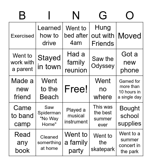 Welcome Back BINGO Card
