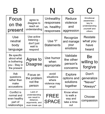 Conflict Resolution Bingo Card