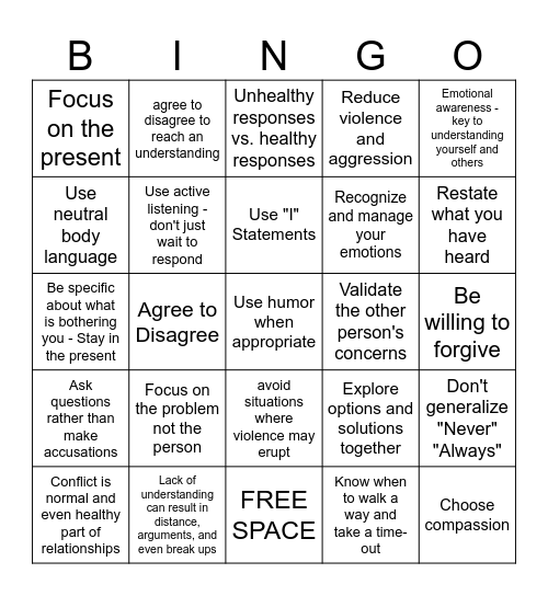 Conflict Resolution Bingo Card