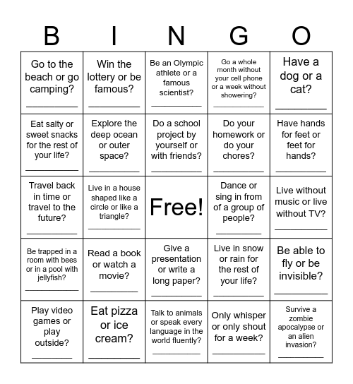 Would You Rather Bingo Card