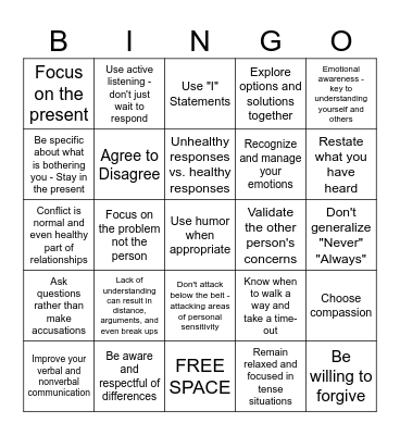 Conflict Resolution Bingo Card