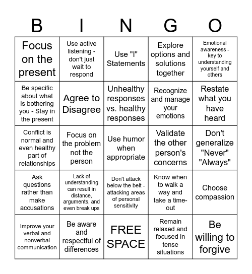 Conflict Resolution Bingo Card