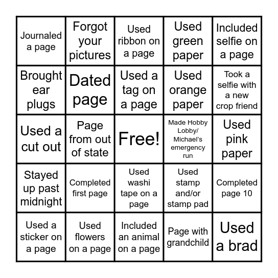 2026 Scrapbook Retreat Bingo Card