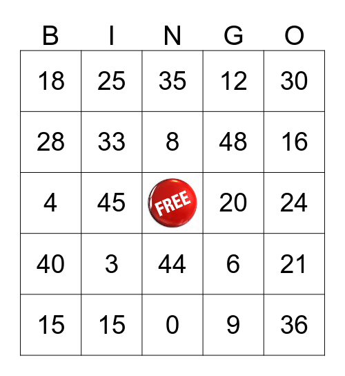 3's, 4's and 5's Multiplication Bingo Card