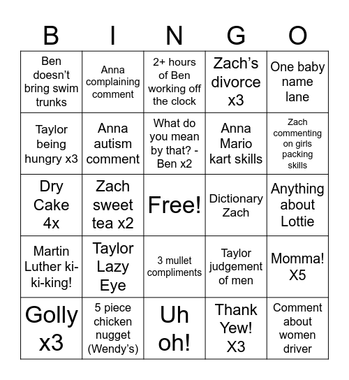 West Virginia Bingo Card