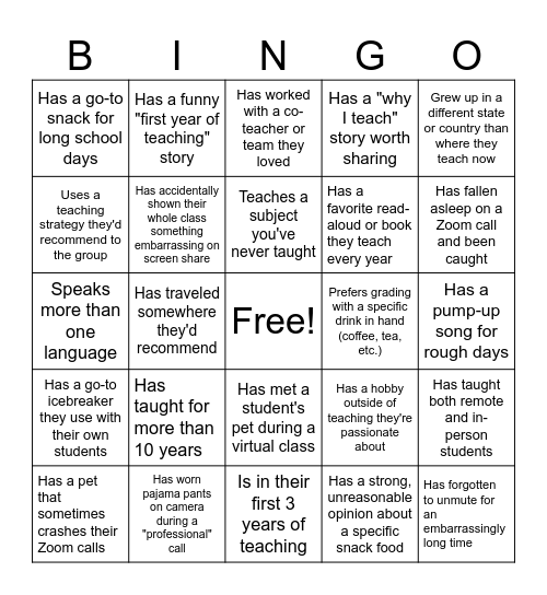 WISCA-HDL Meet the Teachers 2026 Bingo Card