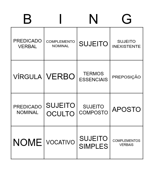 Análise Sintática Bingo Card