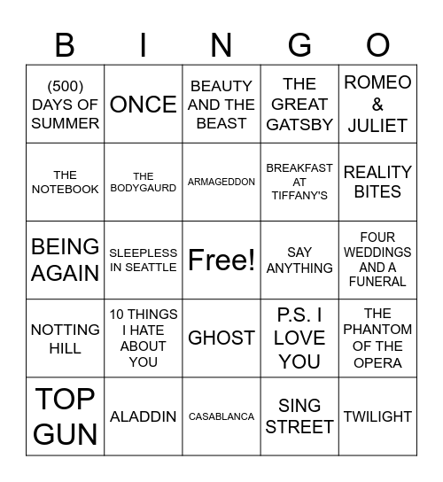 ROMATIC MOVIES Bingo Card