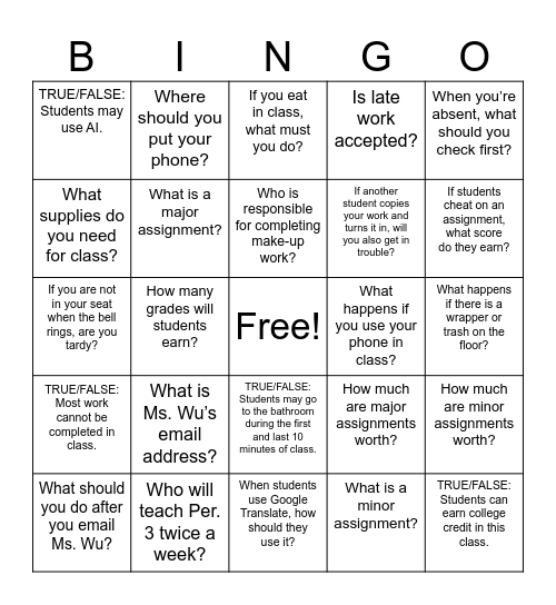 Syllabus Bingo Card