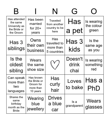 SHADI BINGO! (Find the Guest Who...) Bingo Card