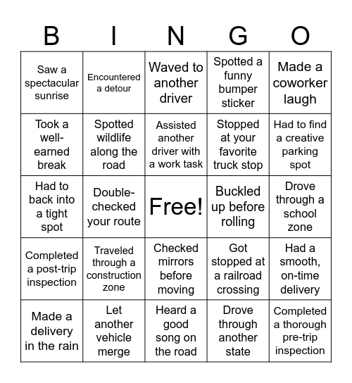 DRIVER BINGO Card