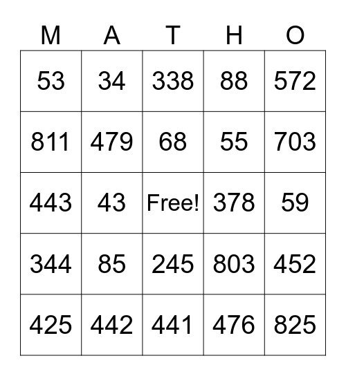 Addition & Subtraction Review Bingo Card