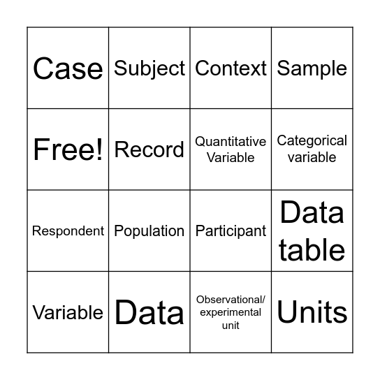 Unit 1 Vocabulary Bingo Card