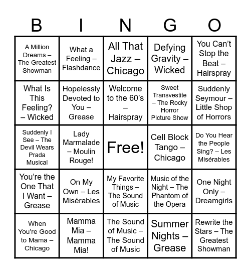 Music Bingo: Musicals Bingo Card
