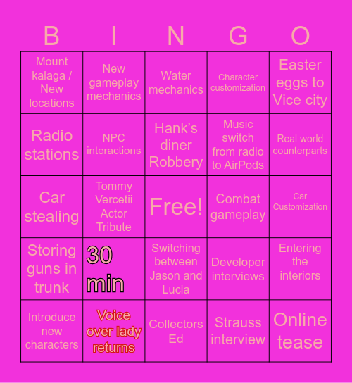 GTA 6 Netflix Extended Look Bingo Card