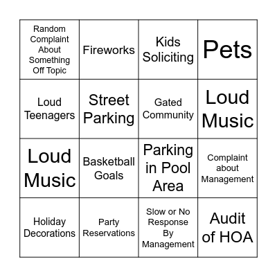 HOA Meeting Bingo Card