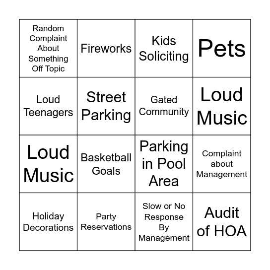 HOA Meeting Bingo Card