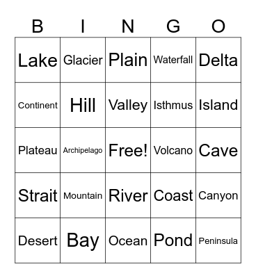 Landforms + Bodies of Water Bingo Card