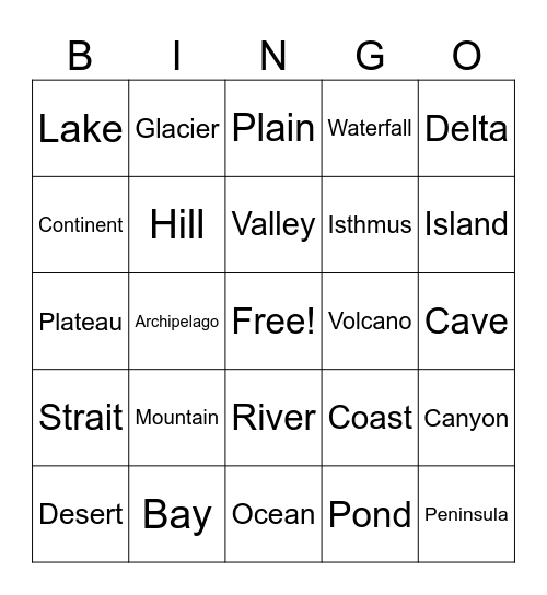 Landforms + Bodies of Water Bingo Card