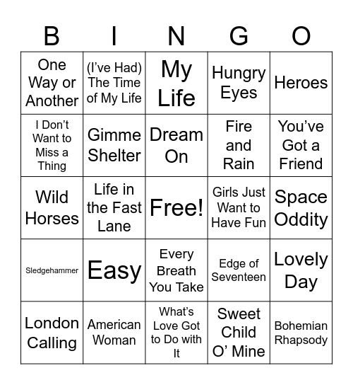 Classic Rock Music Bingo Card