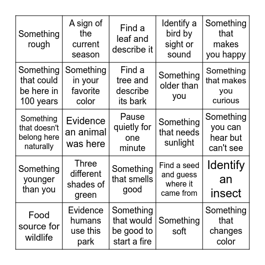 Interpretive Scavenger Hunt Bingo Card
