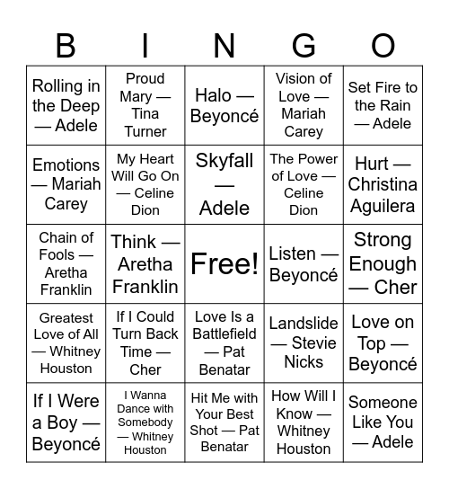 Divas, Drama, & Power Vocals Bingo Card