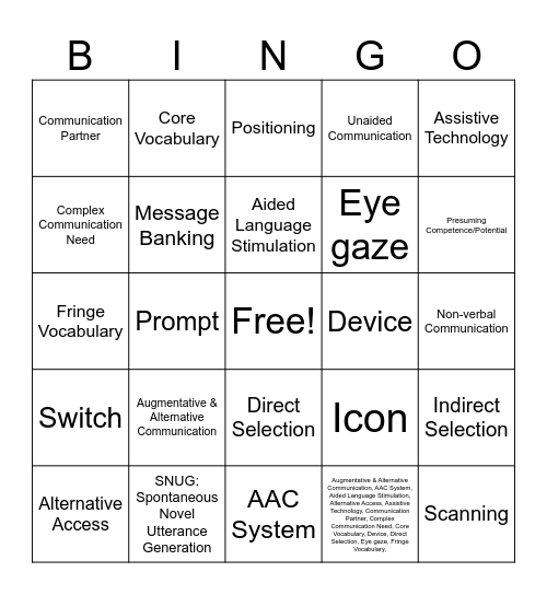 AAC Essentials Bingo Card