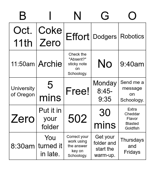 Mrs. Patterson's Class Bingo Card