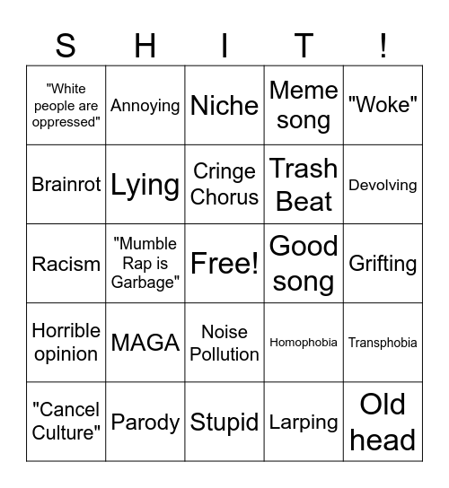 worst songs bingo Card