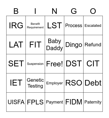Child Support Bingo Card