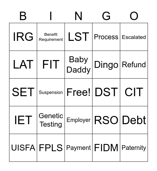 Child Support Bingo Card