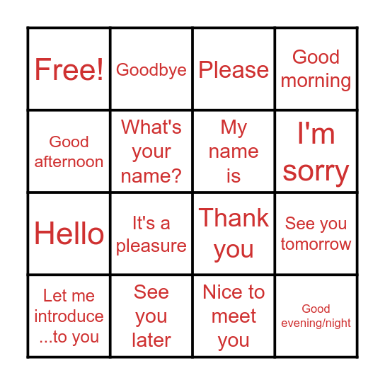 Greetings, Introductions, Goodbyes, and Courtesy Expressions Bingo Card
