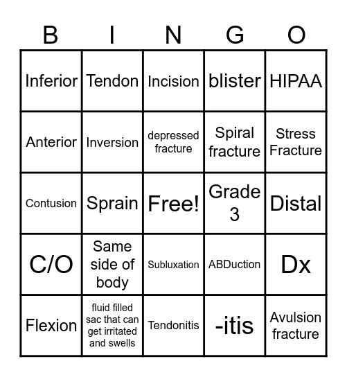 Sports Med Bingo Card