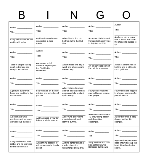 6th Grade Book Bingo Card