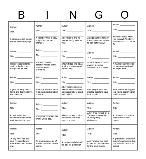 6th Grade Book Bingo Card
