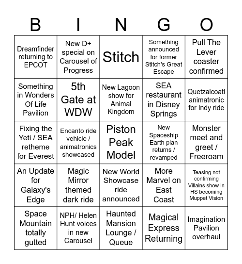 D23 WDW Bingo Card