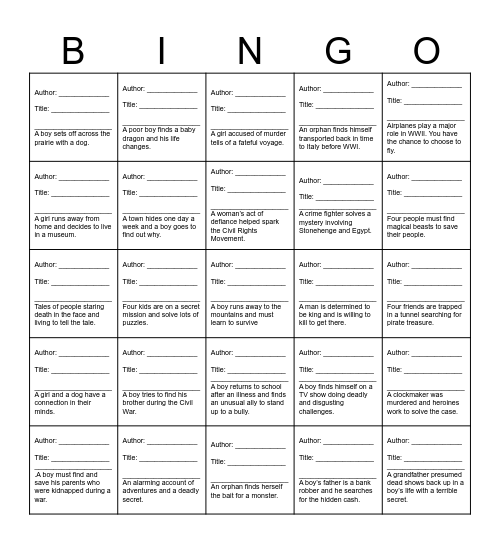 6th Grade Book Bingo Card