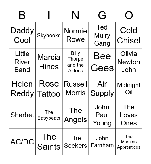 Australian Bands & Artists of the 60's and 70's Bingo Card