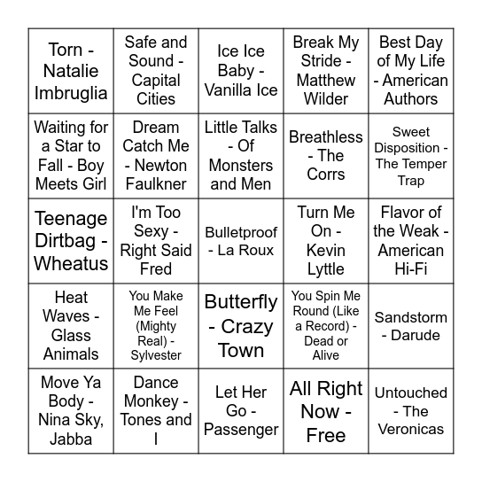 One Hit Wonders Bingo Card