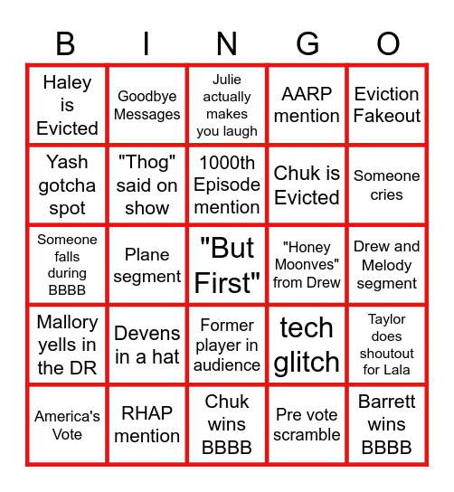 BB28 Week 5 Eviction Bingo Card