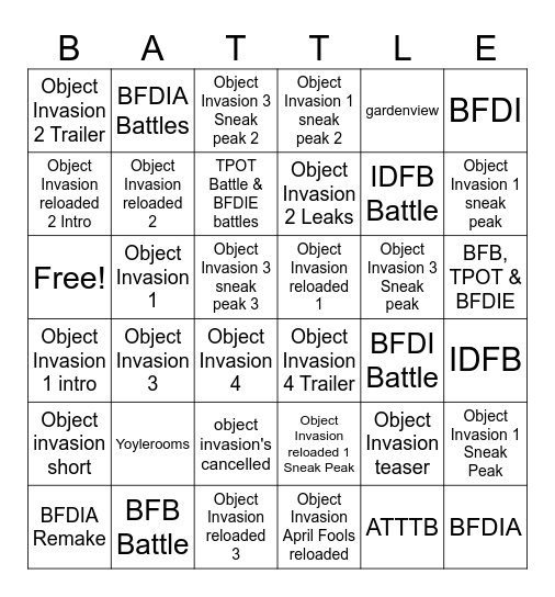 Object Invasion and BFDI Battles Bingo Card