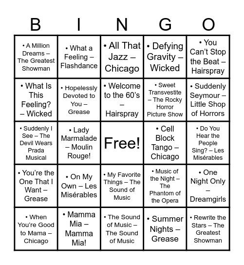 Musicals Bingo Card