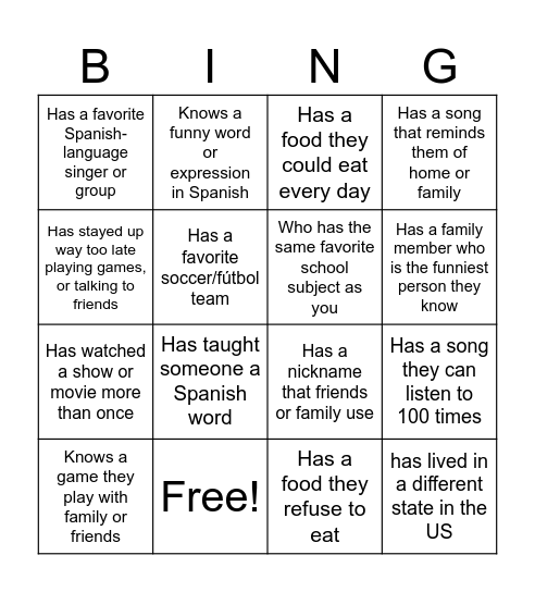 Find Someone Who- Meet your Classmates Bingo Card