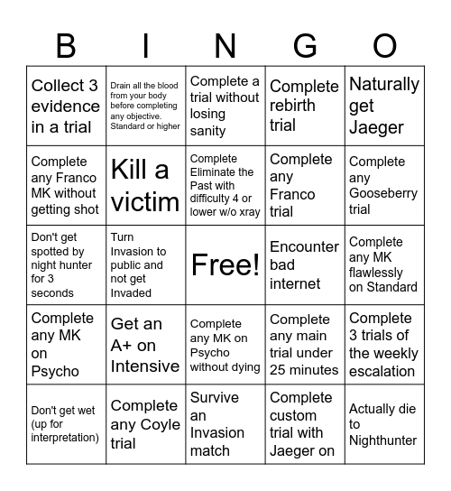 Outlast Trials Blackout 5x5 #1 Bingo Card